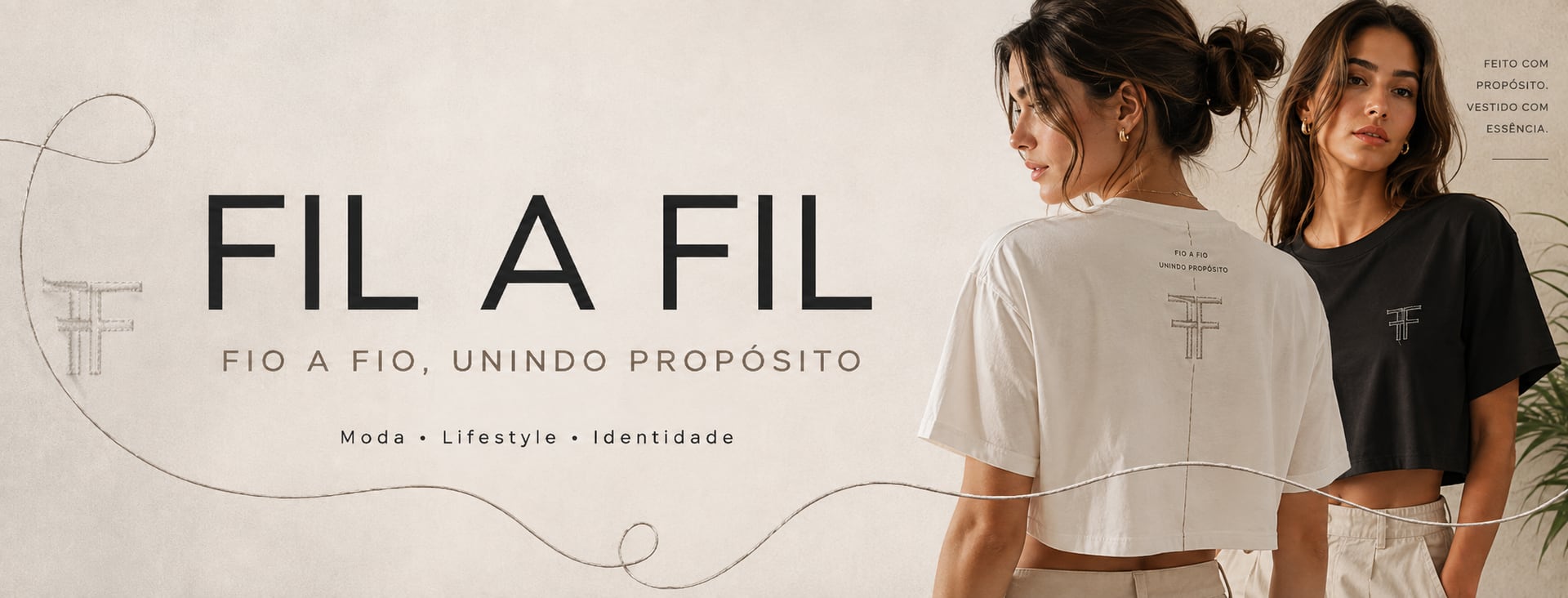 Duas mulheres vestindo camisetas FIL A FIL com o monograma bordado — fio a fio, unindo propósito