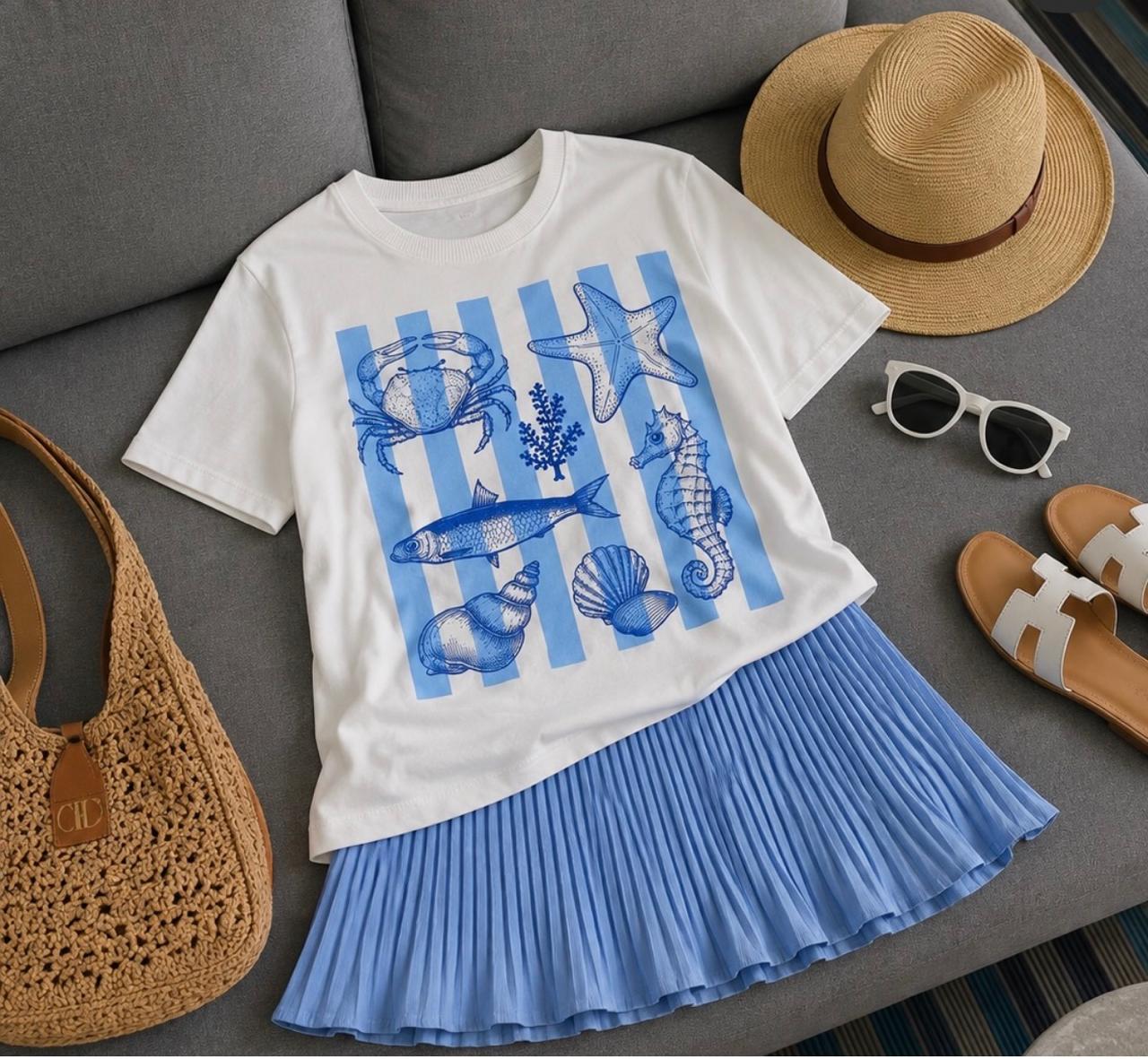 Camiseta Fauna Marinha branco e azul